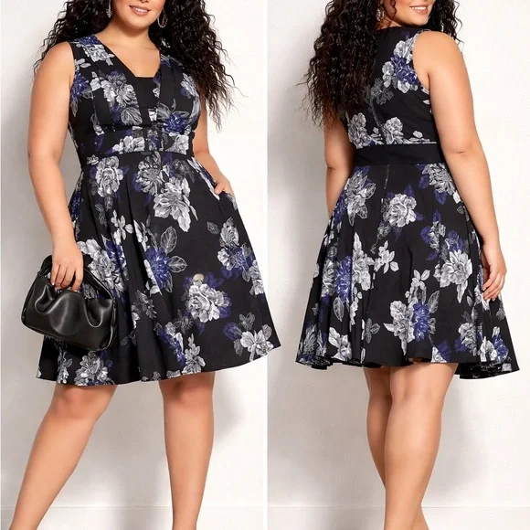 City Chic Epic Floral Black Blue Belted Fit & Flare Belted Dress - Picture 11 of 11